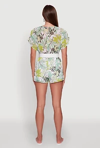 Womens Chiffon Floral Print V Neck Wrap Romper with Belt,
