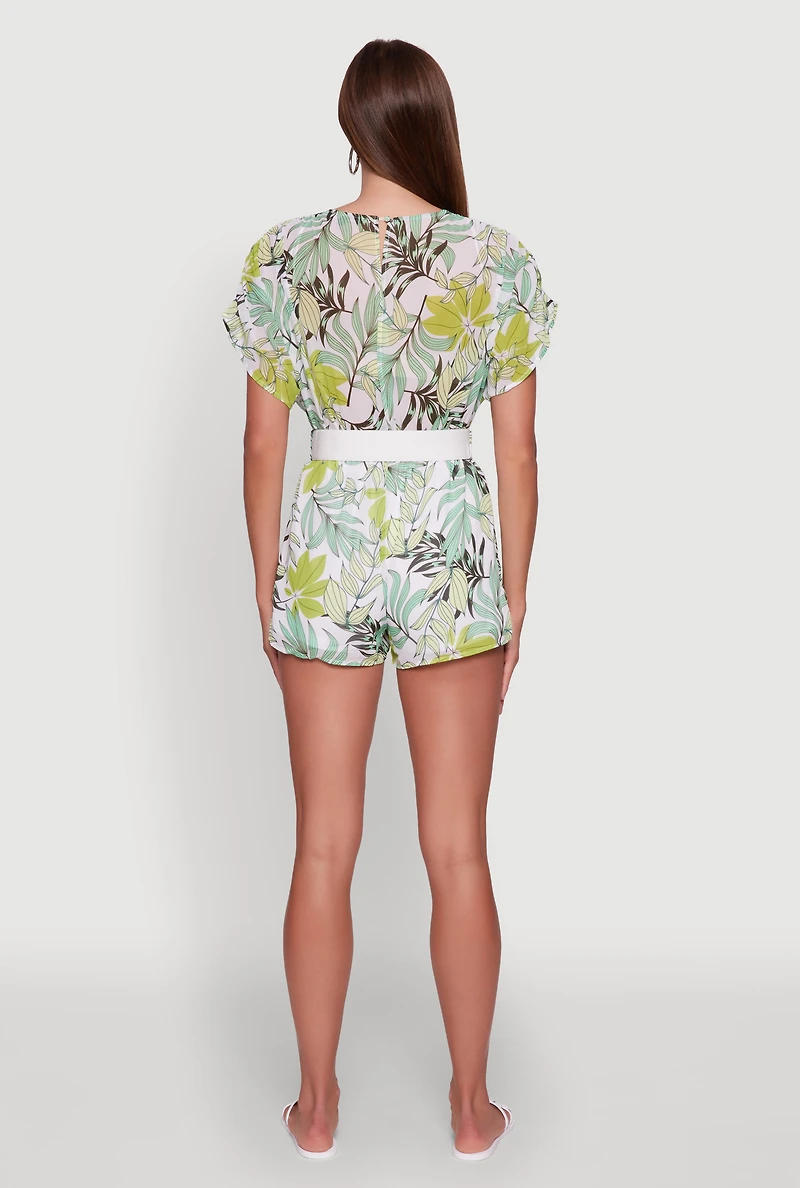 Womens Chiffon Floral Print V Neck Wrap Romper with Belt, XL