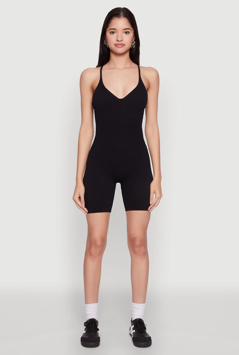 Womens Seamless Rib Knit Cami Biker Romper, Black, Size L-XL