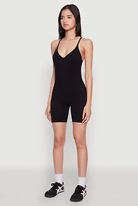 Womens Seamless Rib Knit Cami Biker Romper, Black,