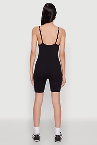Womens Seamless Rib Knit Cami Biker Romper, Black, Size S-M
