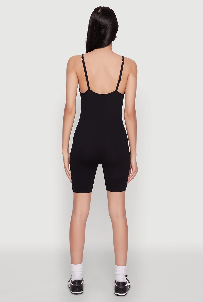 Womens Seamless Rib Knit Cami Biker Romper, Black, Size L-XL