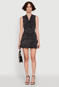 Womens Acid Wash Zip Front Corset Mini Dress,