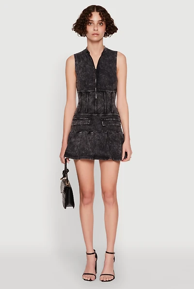 Acid Wash Zip Front Corset Mini Dress