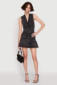 Womens Acid Wash Zip Front Corset Mini Dress, M