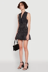 Womens Acid Wash Zip Front Corset Mini Dress,