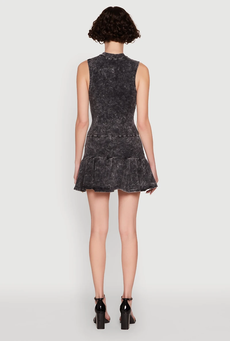 Womens Acid Wash Zip Front Corset Mini Dress, Black, Size L