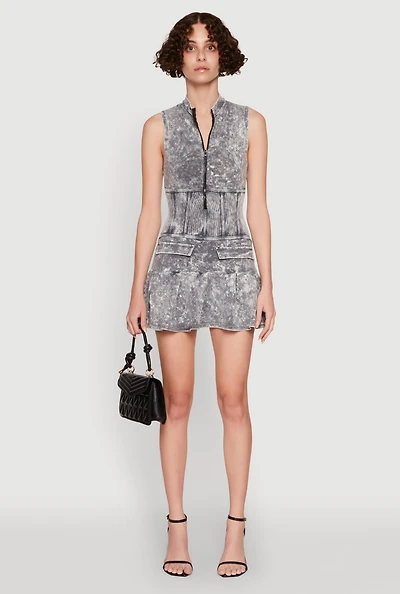 Womens Acid Wash Zip Front Corset Mini Dress, Grey, Size S