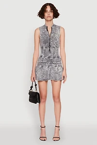 Womens Acid Wash Zip Front Corset Mini Dress, Grey, Size S