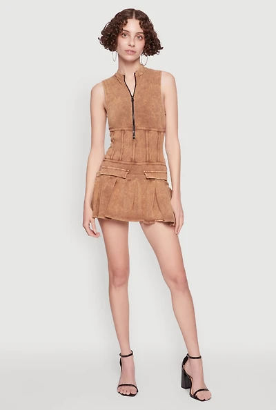 Womens Acid Wash Zip Front Corset Mini Dress, Brown, Size L