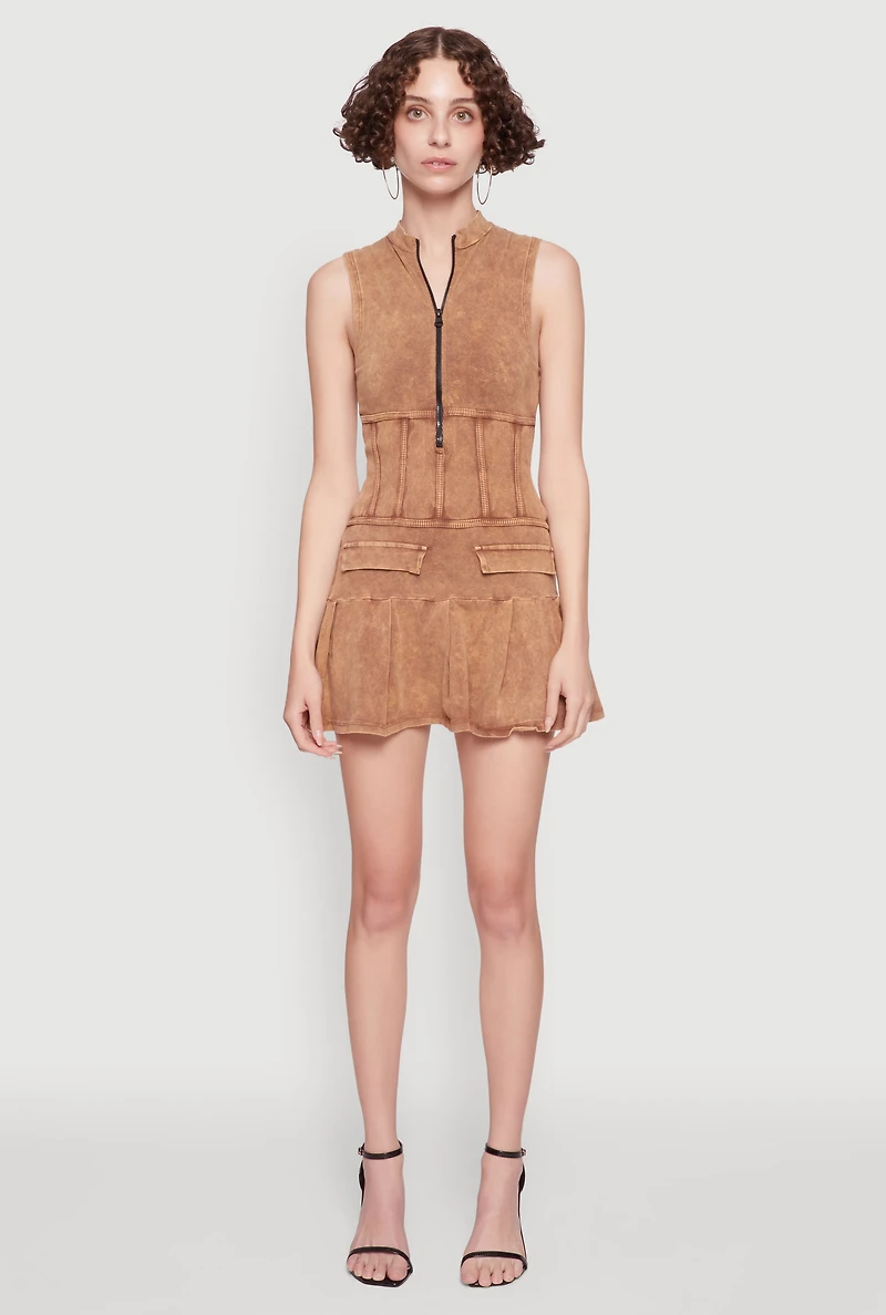 Womens Acid Wash Zip Front Corset Mini Dress, Brown, Size S
