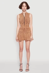 Womens Acid Wash Zip Front Corset Mini Dress, Brown, Size S