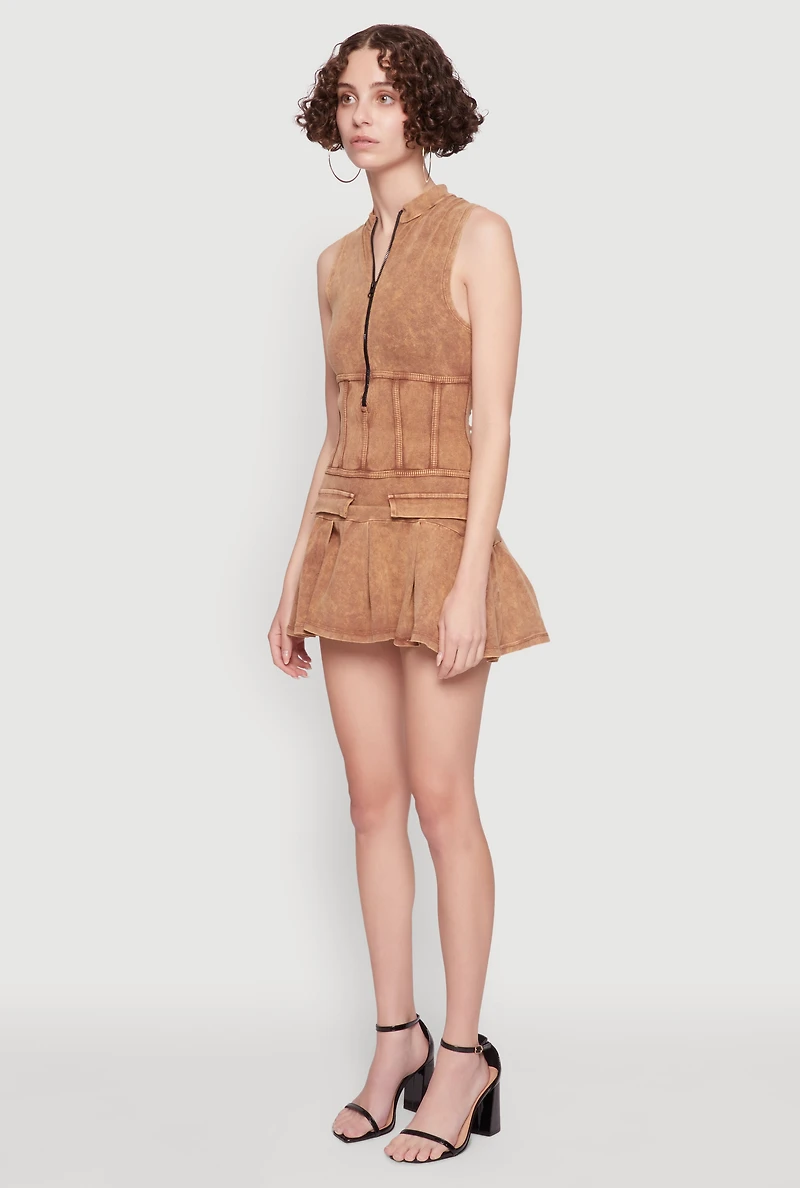 Acid Wash Zip Front Corset Mini Dress