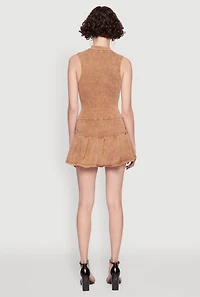 Womens Acid Wash Zip Front Corset Mini Dress, Brown, Size S