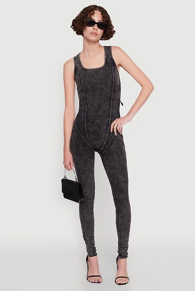 Womens Mineral Wash Lace Up Back Pintuck Jumpsuit,