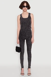 Womens Mineral Wash Lace Up Back Pintuck Jumpsuit,