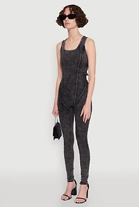 Womens Mineral Wash Lace Up Back Pintuck Jumpsuit,