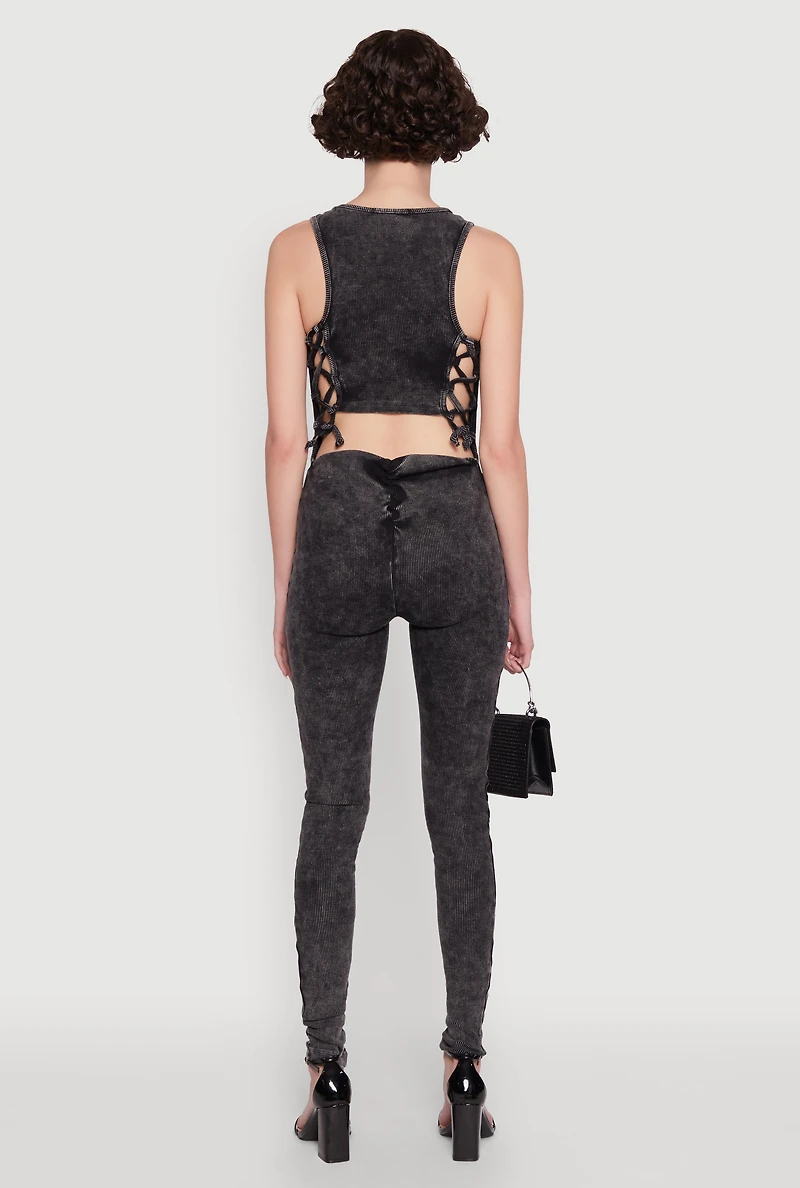 Womens Mineral Wash Lace Up Back Pintuck Jumpsuit, Black, Size M