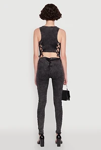 Womens Mineral Wash Lace Up Back Pintuck Jumpsuit, Black, Size M