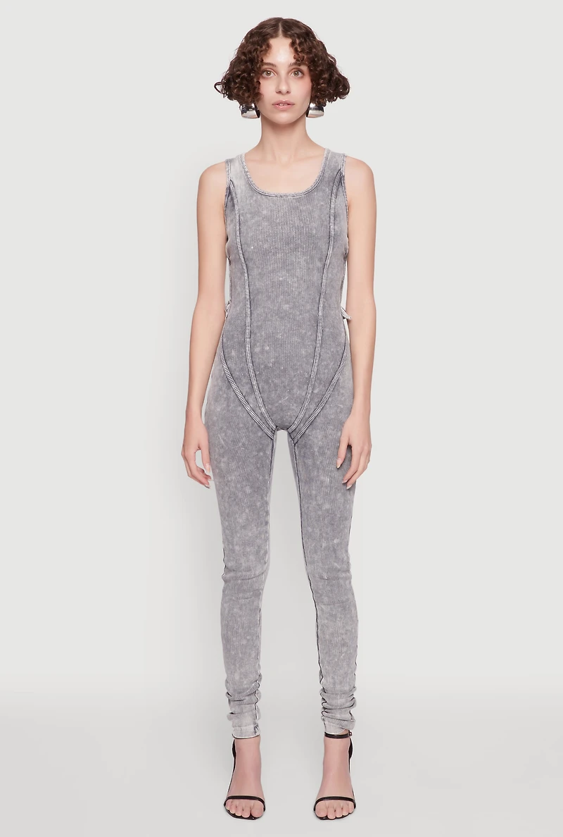 Womens Mineral Wash Lace Up Back Pintuck Jumpsuit, Grey, Size S