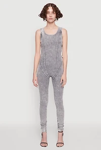 Womens Mineral Wash Lace Up Back Pintuck Jumpsuit, Grey, Size S