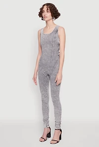 Womens Mineral Wash Lace Up Back Pintuck Jumpsuit, Grey,