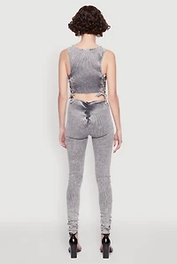 Womens Mineral Wash Lace Up Back Pintuck Jumpsuit, Grey,