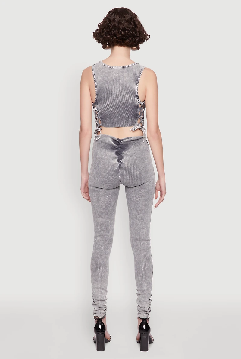 Womens Mineral Wash Lace Up Back Pintuck Jumpsuit, Grey, Size S