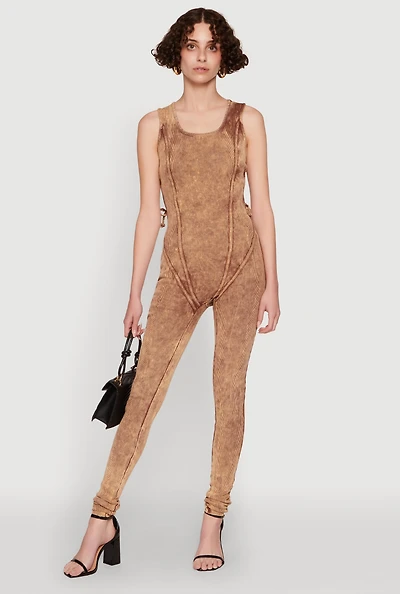 Womens Mineral Wash Lace Up Back Pintuck Jumpsuit, Brown, Size XL