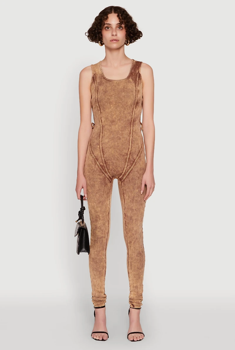 Womens Mineral Wash Lace Up Back Pintuck Jumpsuit, S