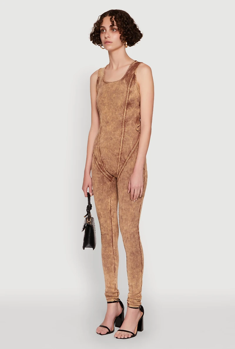 Womens Mineral Wash Lace Up Back Pintuck Jumpsuit, S