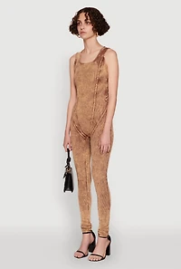 Womens Mineral Wash Lace Up Back Pintuck Jumpsuit,