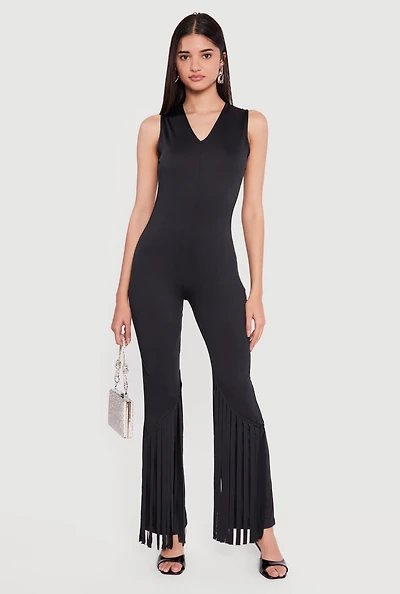 Fringe Flare Leg V Neck Jumpsuit