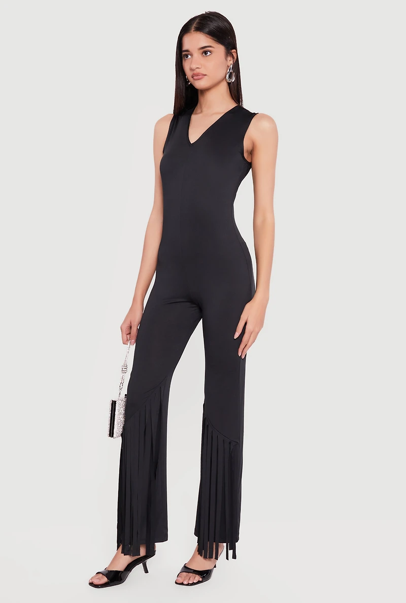 Fringe Flare Leg V Neck Jumpsuit