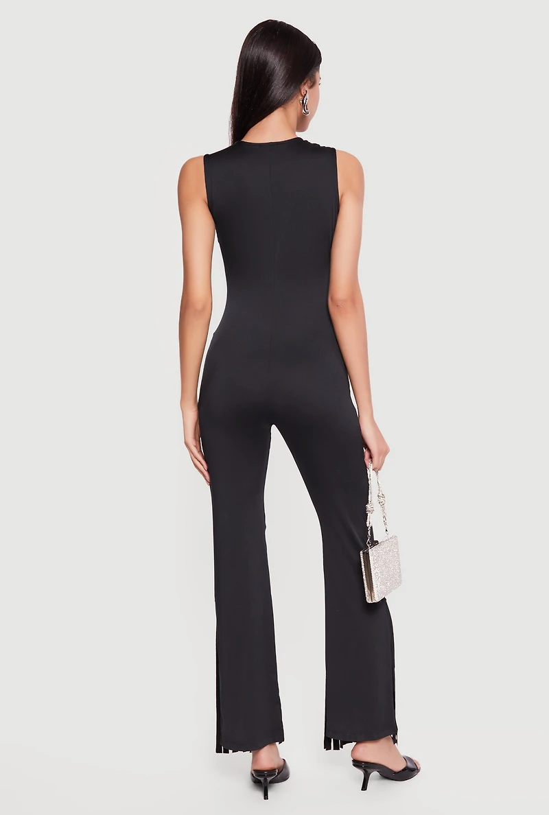 Fringe Flare Leg V Neck Jumpsuit