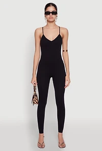 Womens Daisy Sleeveless V Neck Catsuit, Black, Size S