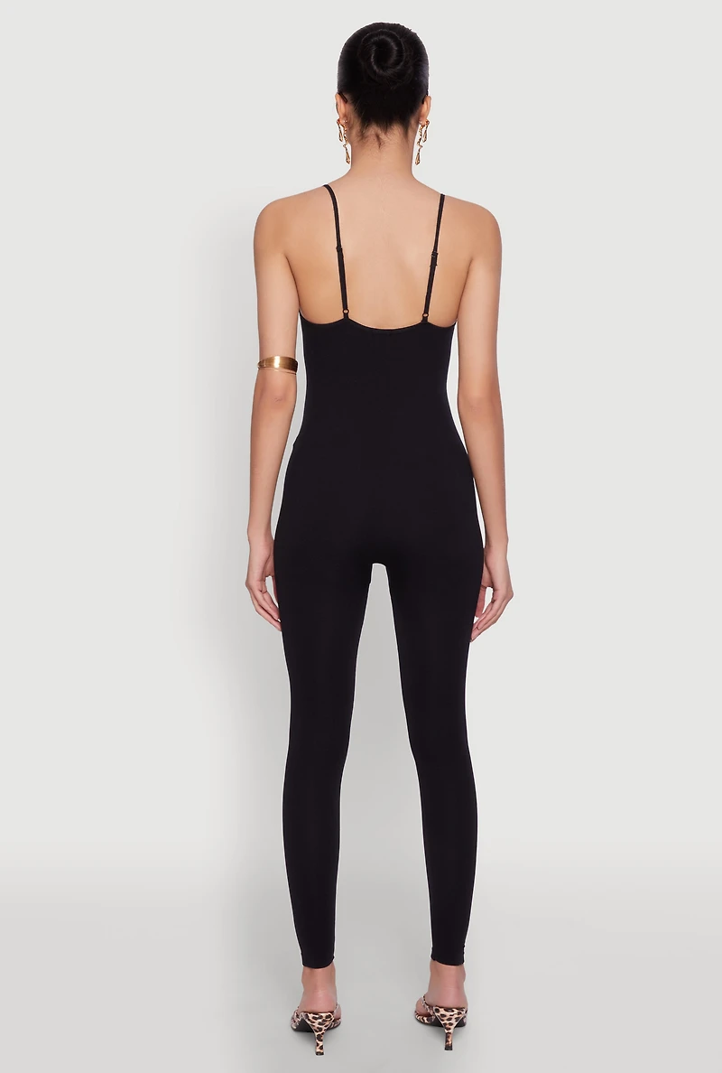 Womens Daisy Sleeveless V Neck Catsuit, Black, Size S