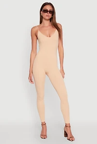 Womens Daisy Sleeveless V Neck Catsuit, Beige,