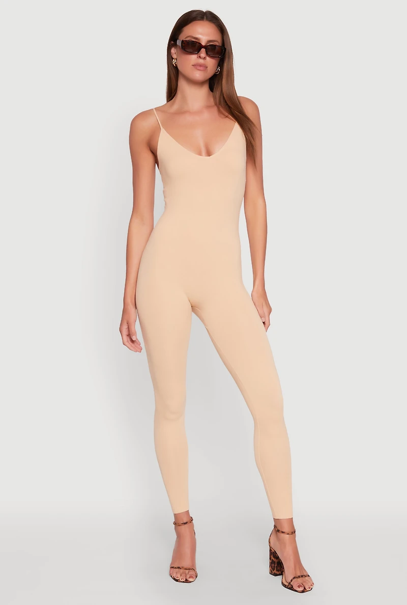 Womens Daisy Sleeveless V Neck Catsuit, Beige, Size M