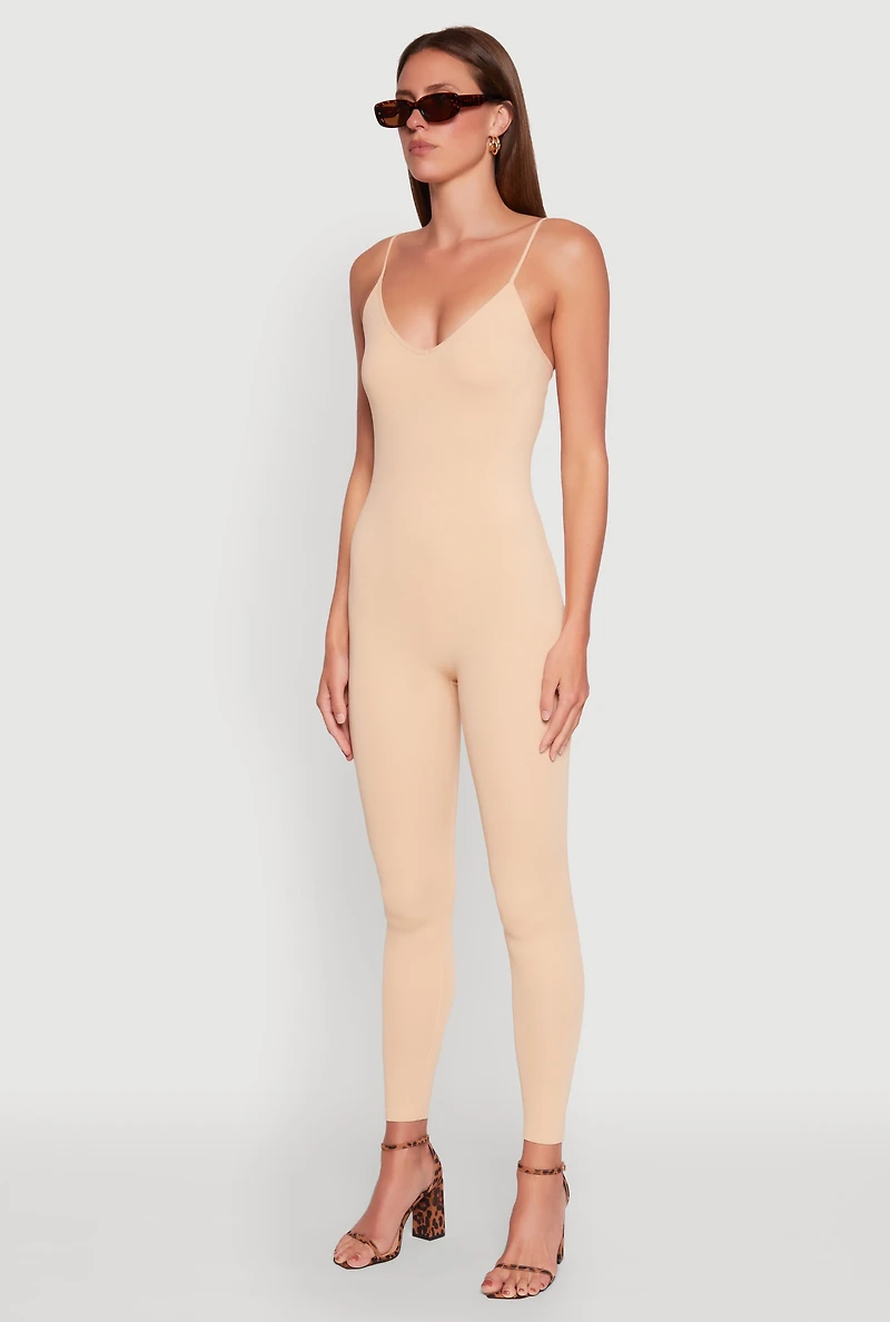 Womens Daisy Sleeveless V Neck Catsuit, Beige, Size M