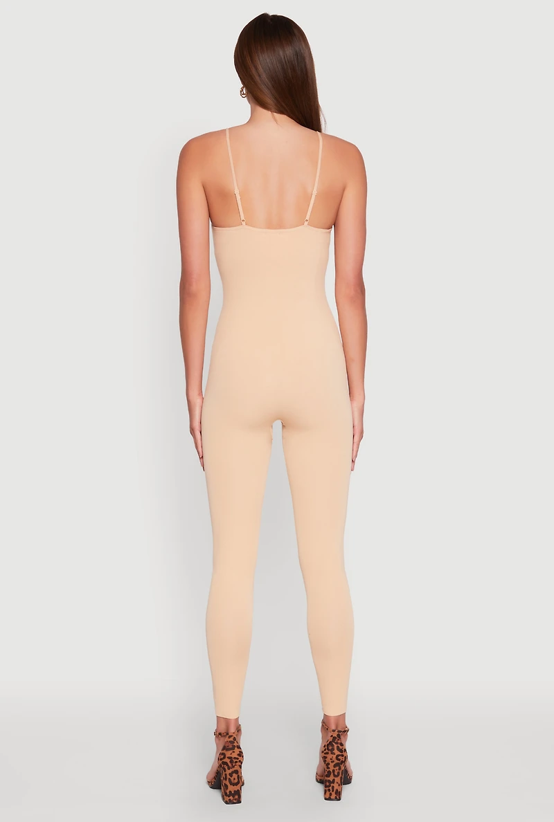 Womens Daisy Sleeveless V Neck Catsuit, Beige, Size M