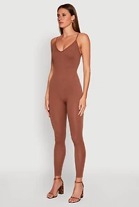 Womens Daisy Sleeveless V Neck Catsuit, Brown, Size S