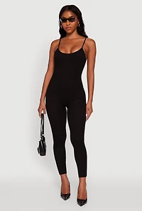 Womens Spaghetti Strap Scoop Neck Catsuit, Black, Size M