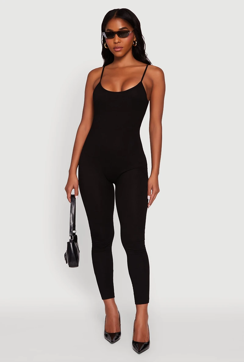 Womens Spaghetti Strap Scoop Neck Catsuit, Black, Size S