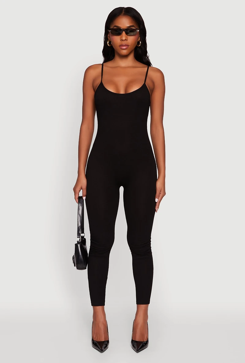 Womens Spaghetti Strap Scoop Neck Catsuit, Black, Size M