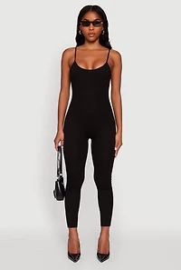 Womens Spaghetti Strap Scoop Neck Catsuit, Black, Size M