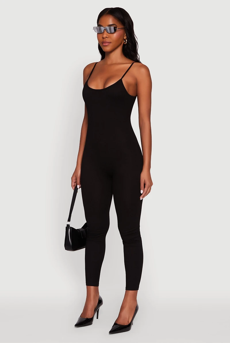Womens Spaghetti Strap Scoop Neck Catsuit, Black, Size M