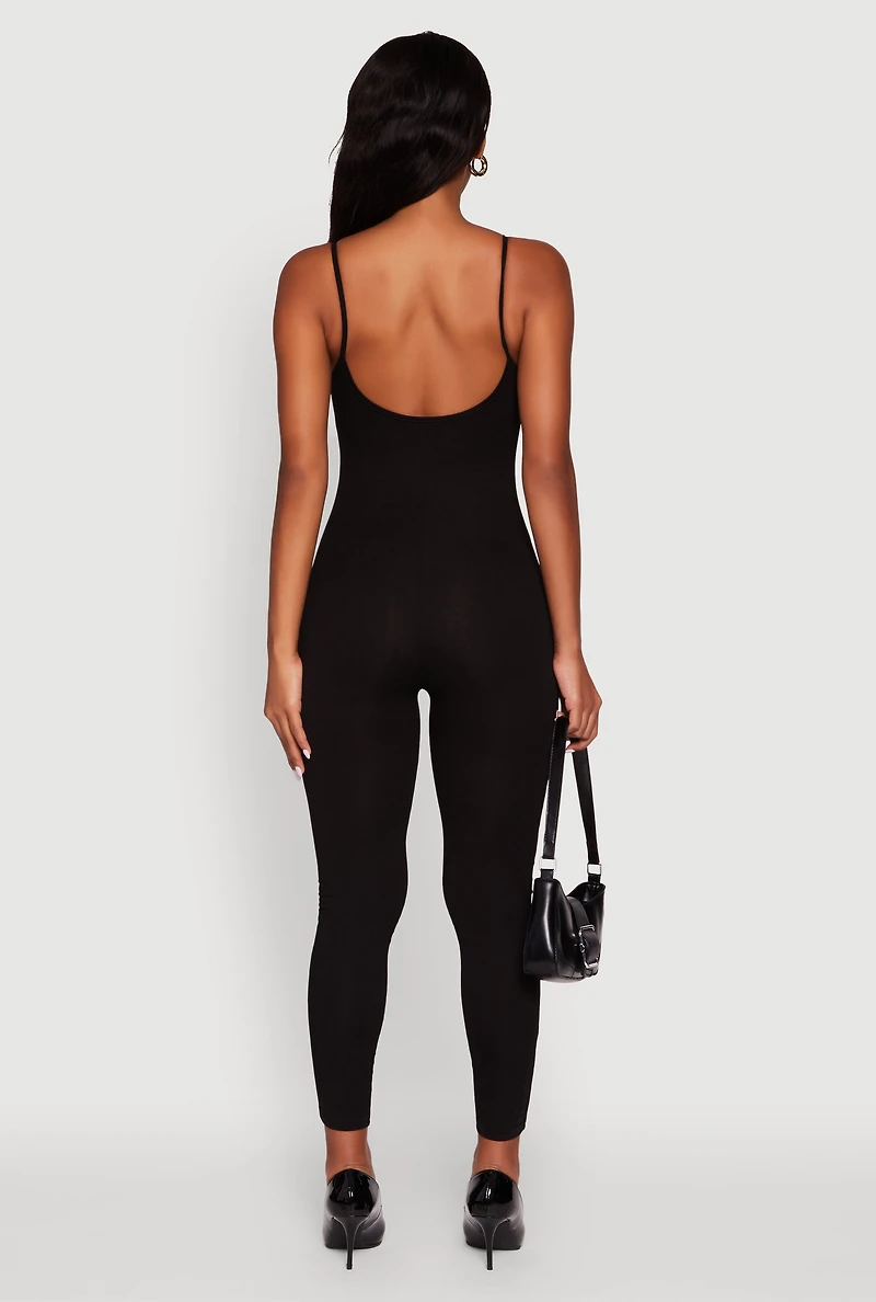 Womens Spaghetti Strap Scoop Neck Catsuit, Black, Size S