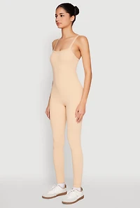 Womens Daisy Seamless Ribbed Knit Catsuit, Beige, Size S