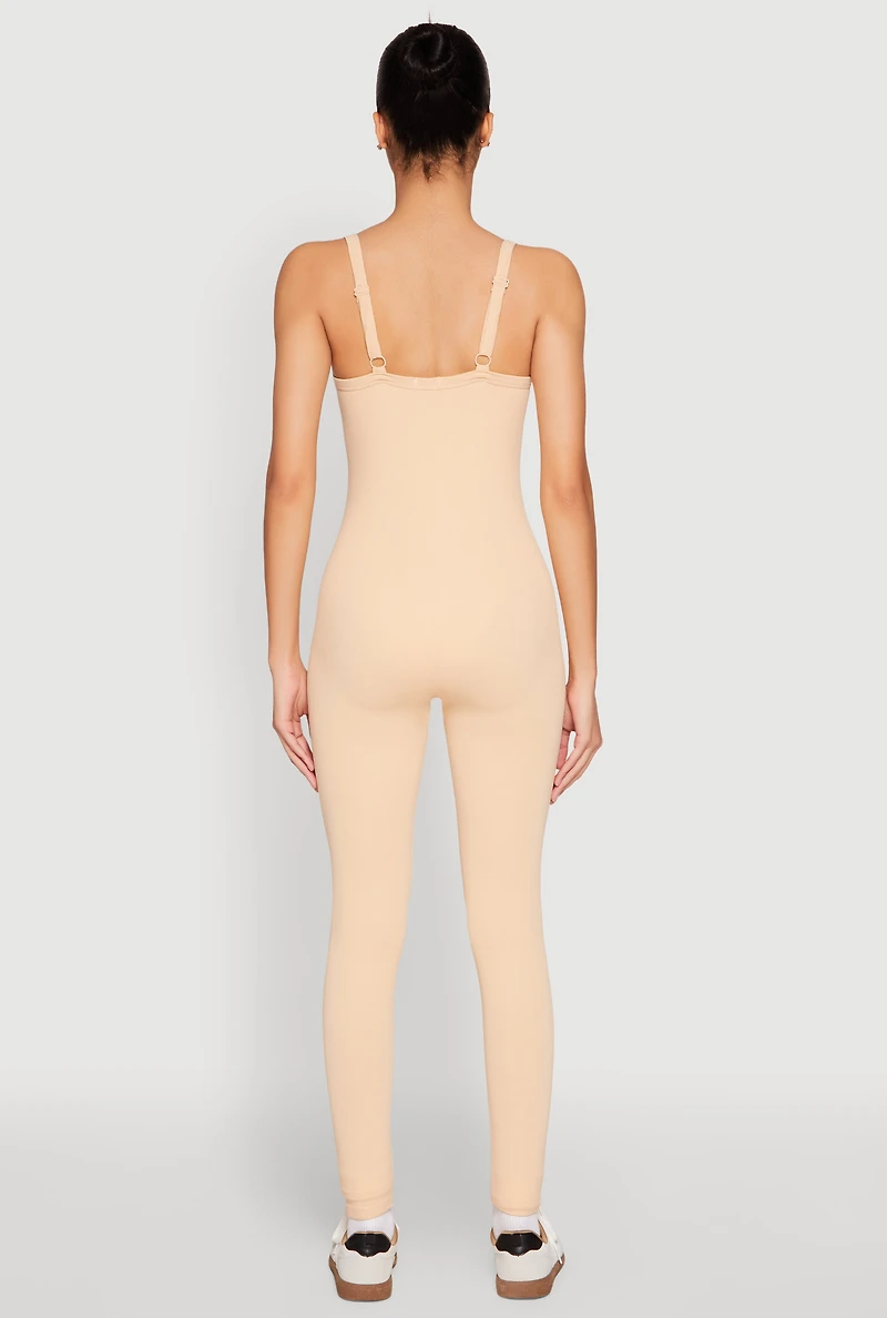 Womens Daisy Seamless Ribbed Knit Catsuit, Beige, Size S